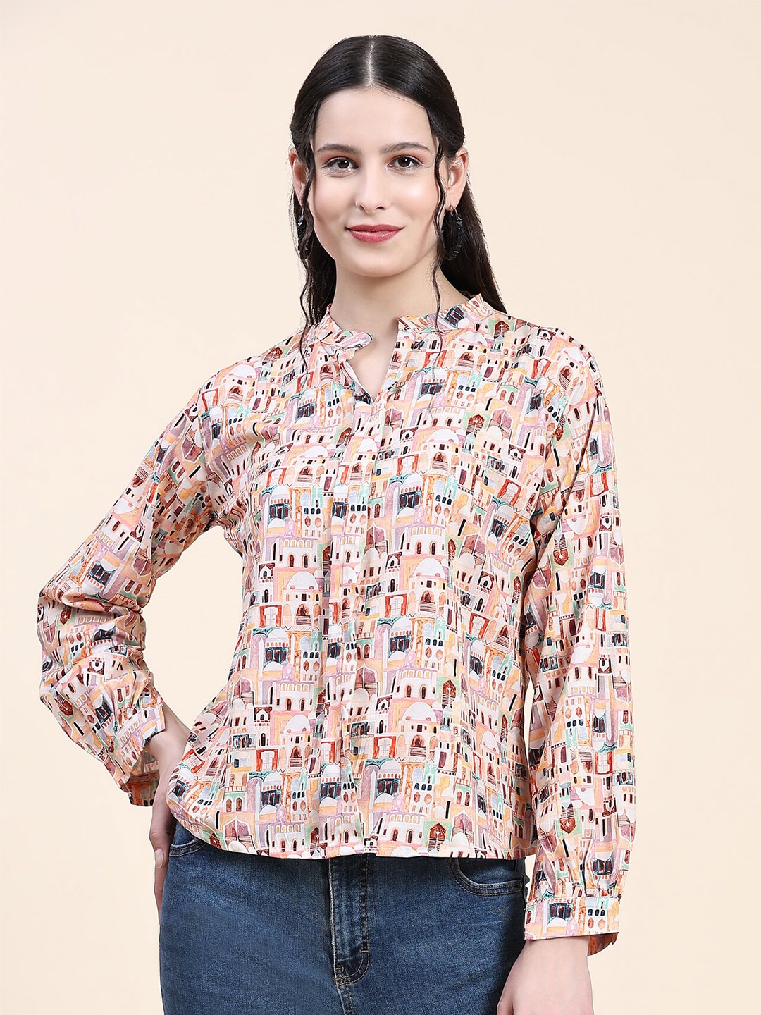 

JACKDANZA Conversational Printed Mandarin Collar Shirt Style Top, Cream
