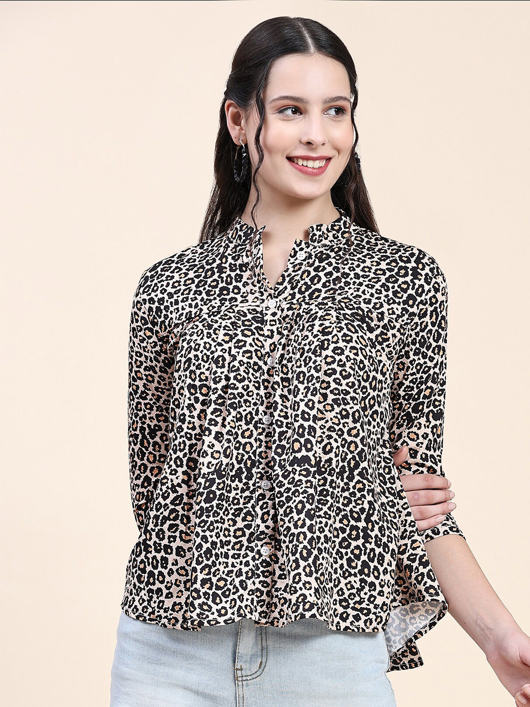 

JACKDANZA Animal Printed Mandarin Collar Pleated Shirt Style Top, Beige