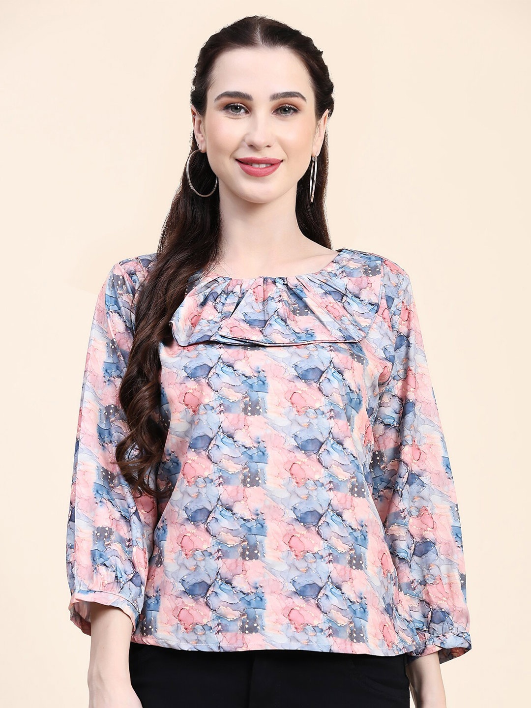 

JACKDANZA Abstract Printed Cuffed Sleeves Pleated Detail Regular Top, Purple