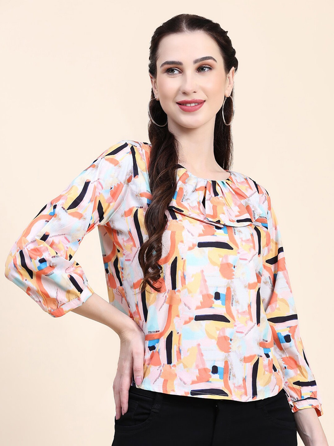 

JACKDANZA Abstract Printed Cuffed Sleeves Pleated Detail Regular Top, White