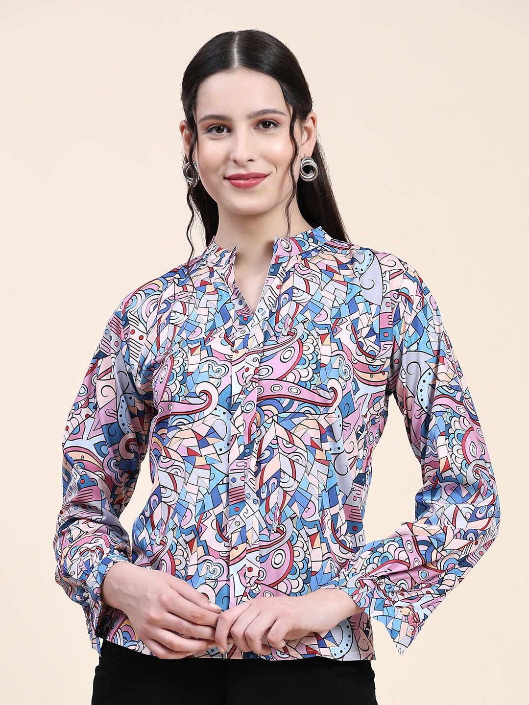 

JACKDANZA Abstract Printed Mandarin Collar Pleated Shirt Style Top, Purple