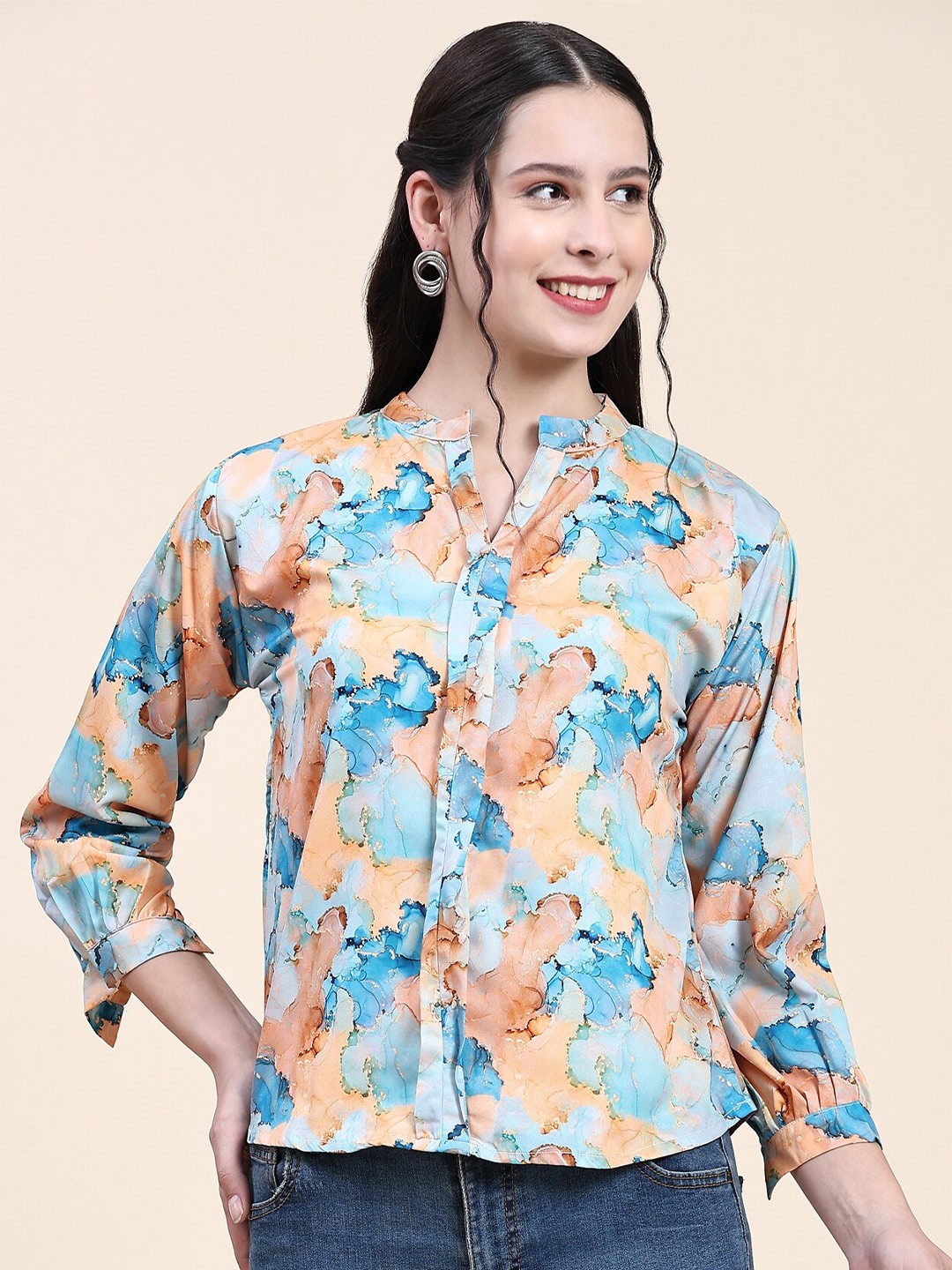 

JACKDANZA Abstract Printed Mandarin Collar Pleated Shirt Style Top, Blue