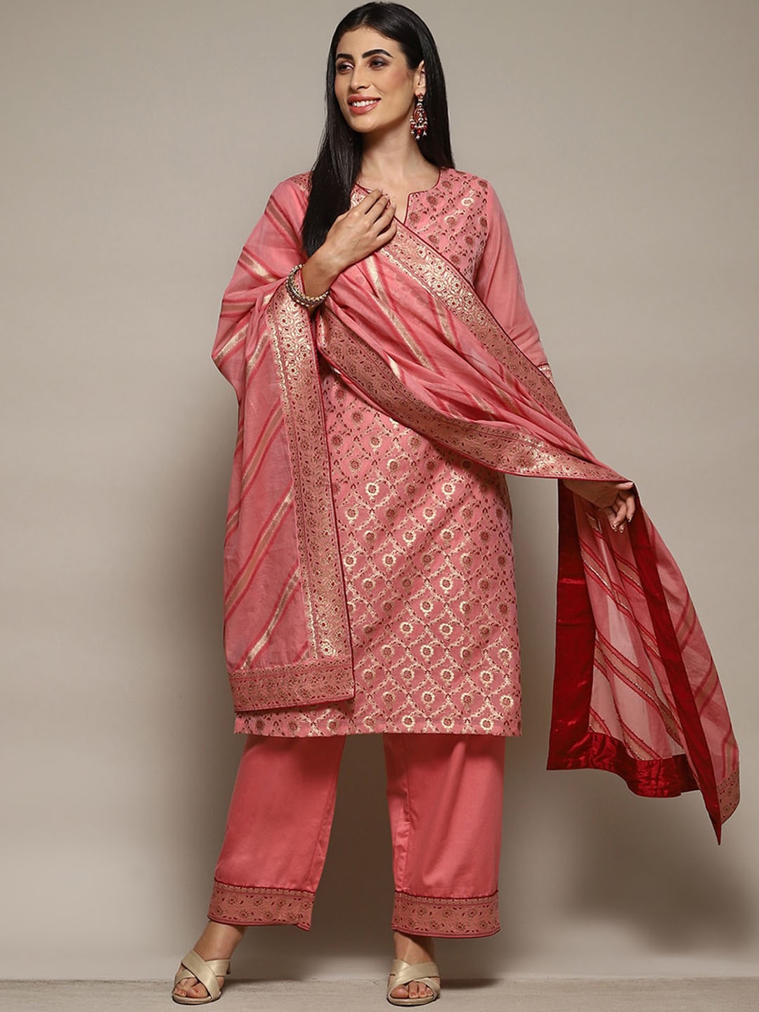 

Biba Ethnic Motifs Printed Round Neck Kurta With Palazzos & Dupatta, Pink