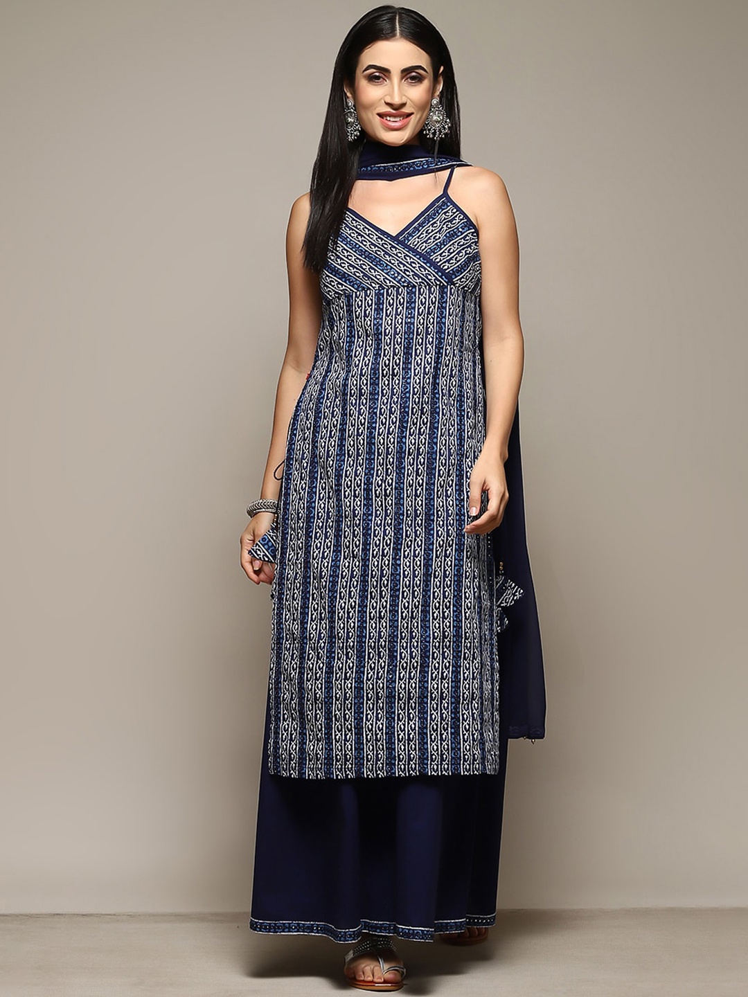 

Biba Ethnic Motifs Printed Mirror Work Detailed Straight Kurta & Palazzos with Dupatta, Blue