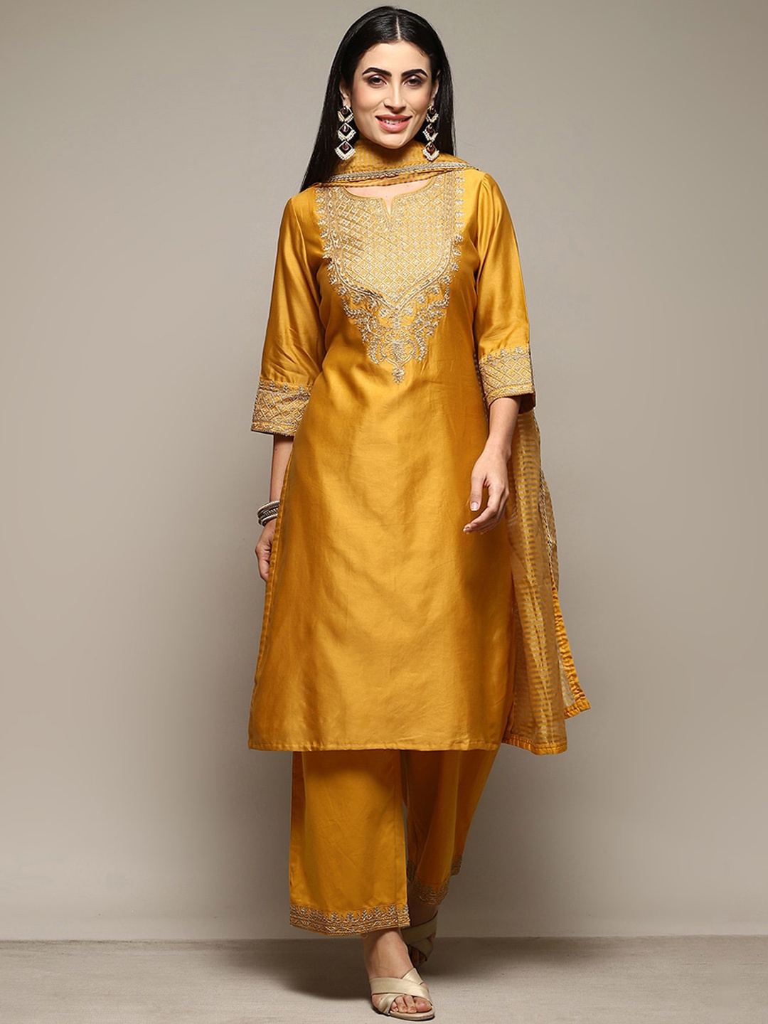 

Biba Round Neck Yoke Design Thread Work Chanderi Silk Kurta With Palazzos & Dupatta, Mustard