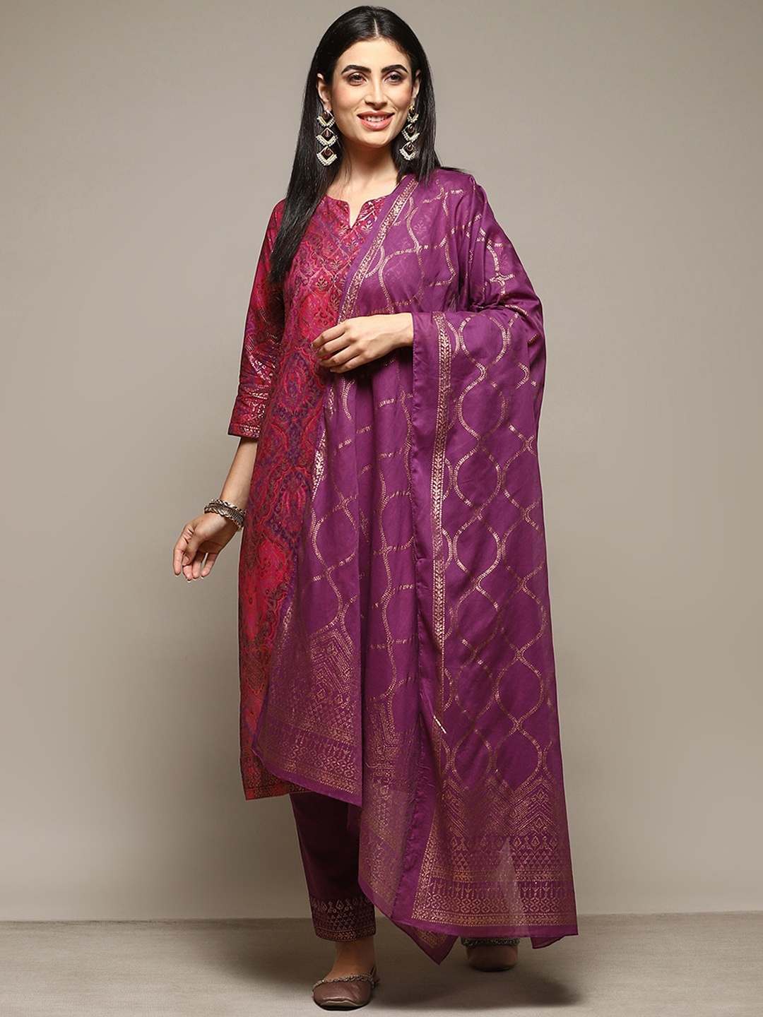 

Biba Ethnic Motifs Woven Design Straight Kurta & Trousers with Dupatta, Purple