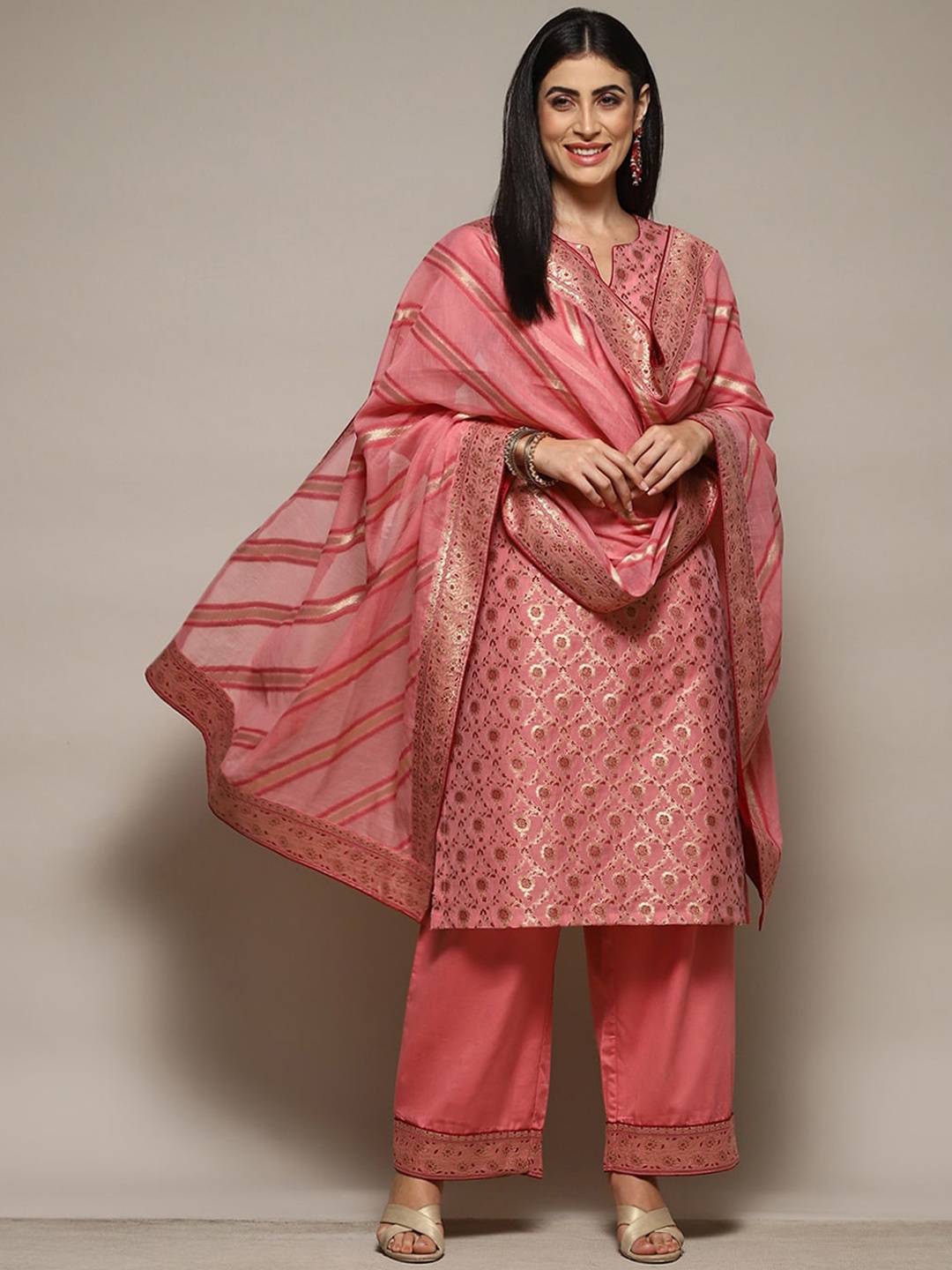 

Biba Ethnic Motifs Woven Design Straight Kurta & Trousers with Dupatta, Pink