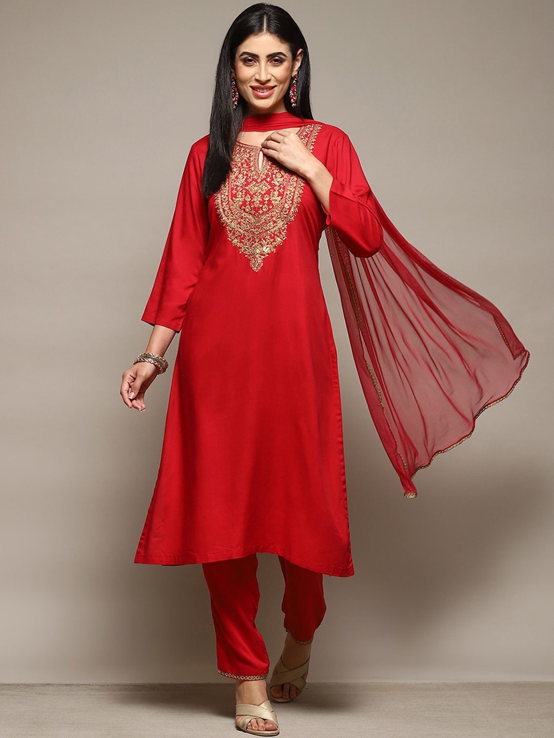 

Biba Floral Embroidered Yoke Design Thread Work A-Line Kurta & Trousers With Dupatta, Red