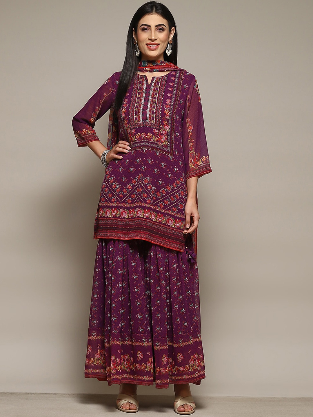 

Biba Floral Printed Mirror Work Straight Kurta & Sharara With Dupatta, Purple