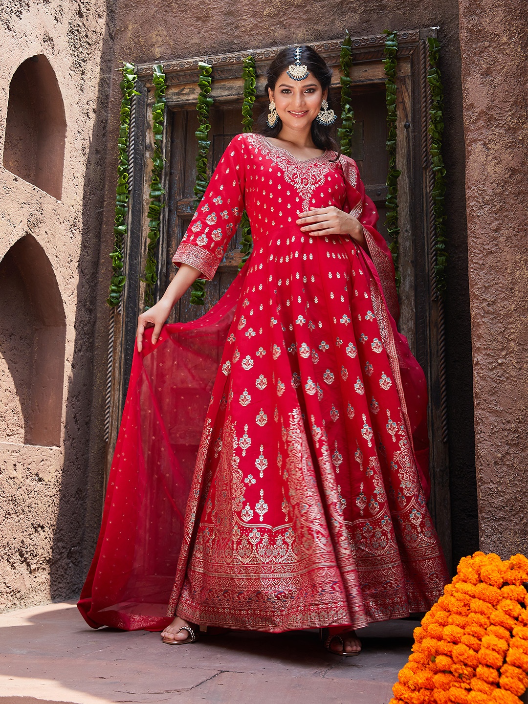

Biba Ethnic Motifs Printed Thread Work Anarkali Kurta with Churidar & Dupatta, Red