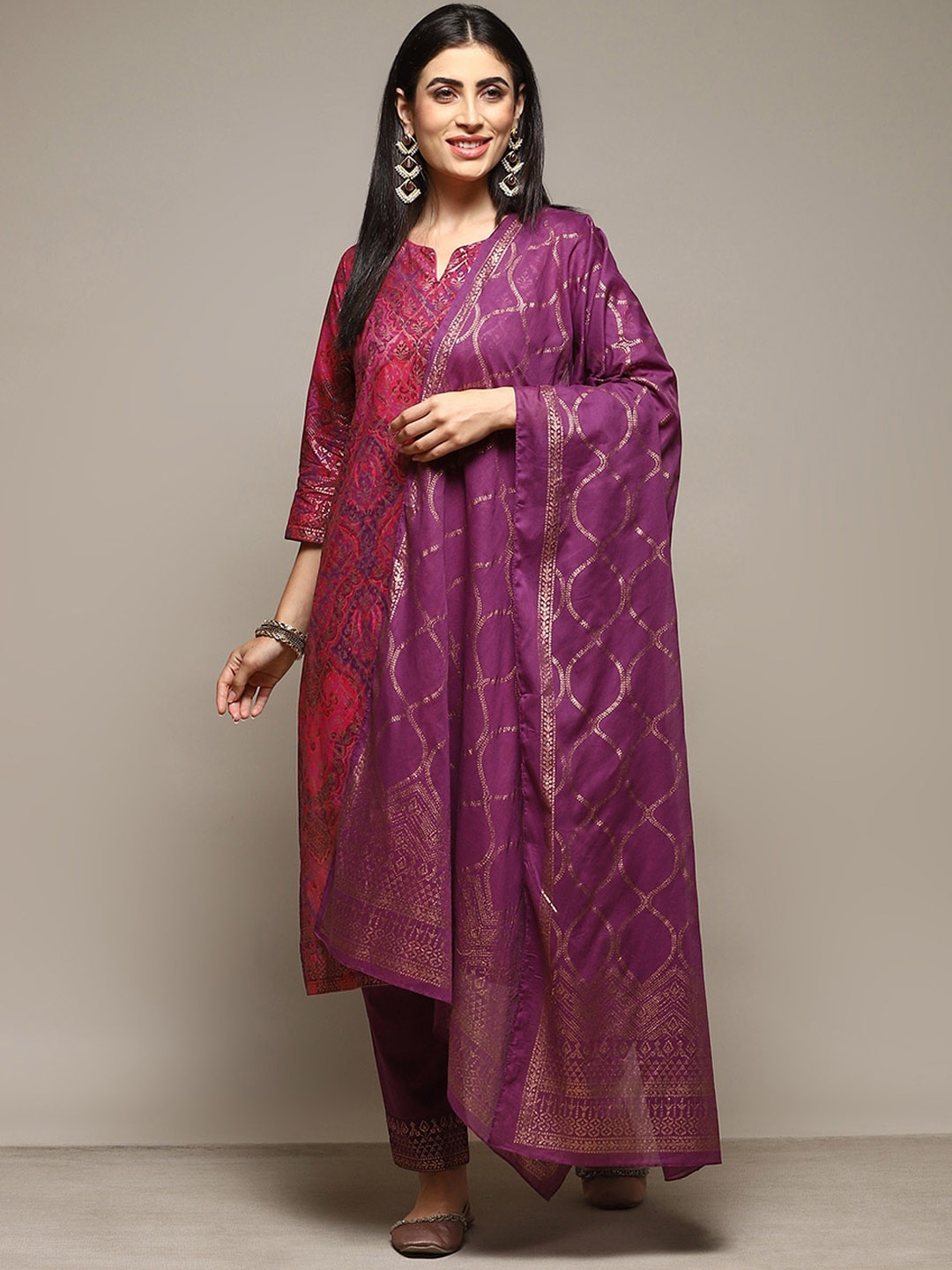 

Biba Ethnic Motifs Woven Design Straight Kurta & Trousers with Dupatta, Purple