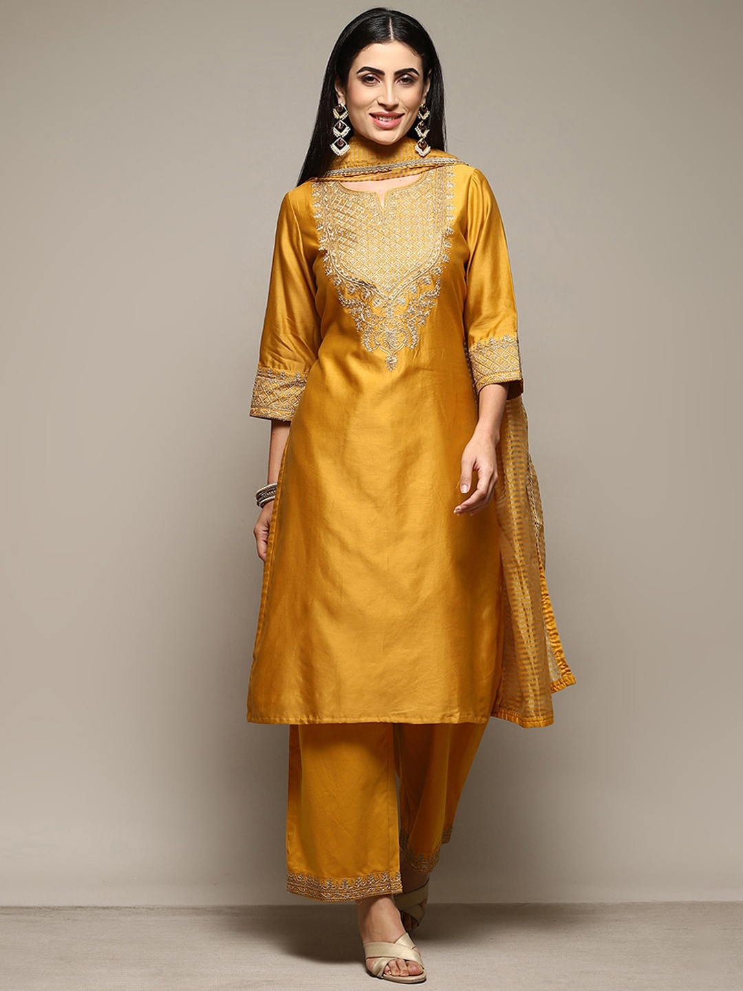 

Biba Thread Work Detailed Chanderi Silk Kurta & Trousers with Dupatta, Mustard