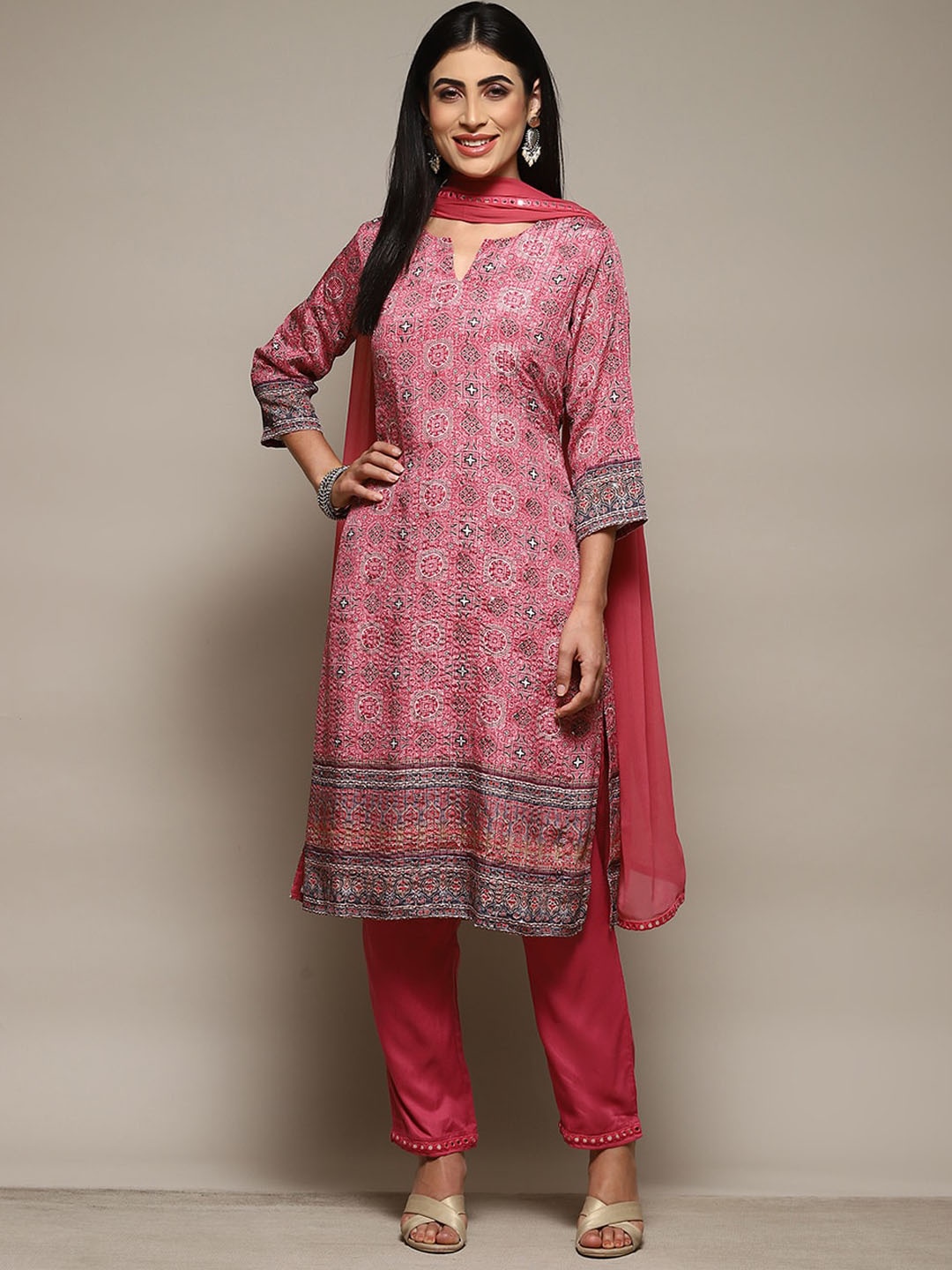 

Biba Ethnic Motifs Printed Mirror Work Straight Kurta & Trousers with Dupatta, Pink