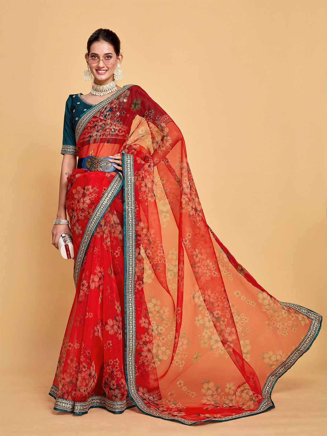 

Sangria Floral Printed Sequinned Embroidered Border Organza Saree, Red