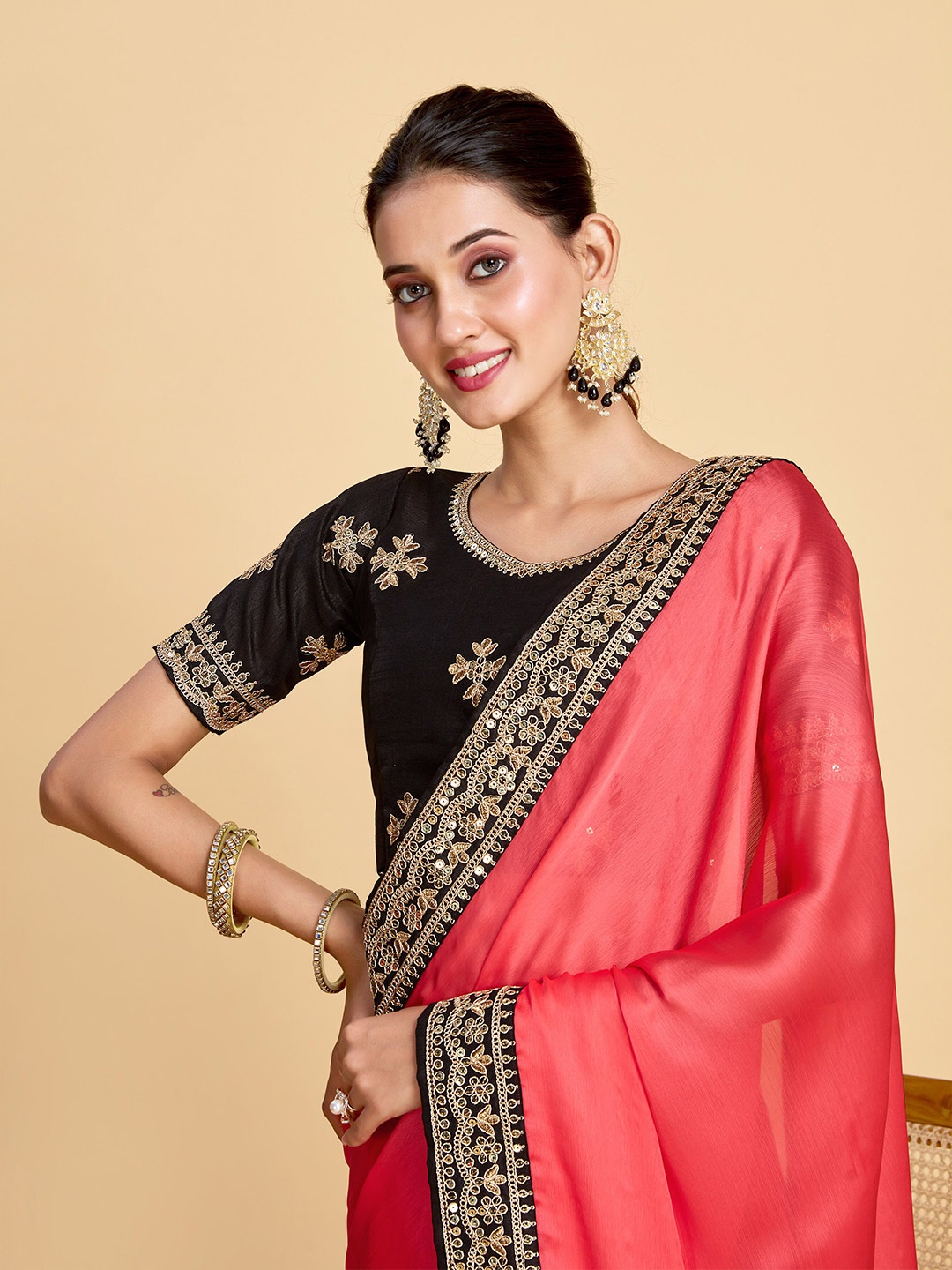 

Sangria Sequinned Satin Saree, Peach