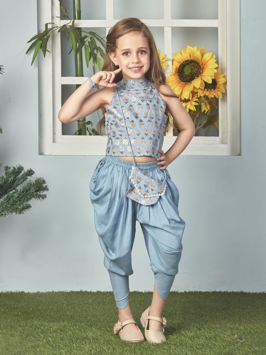 

Lil Peacock Girls Printed Top With Dhoti Pants, Blue