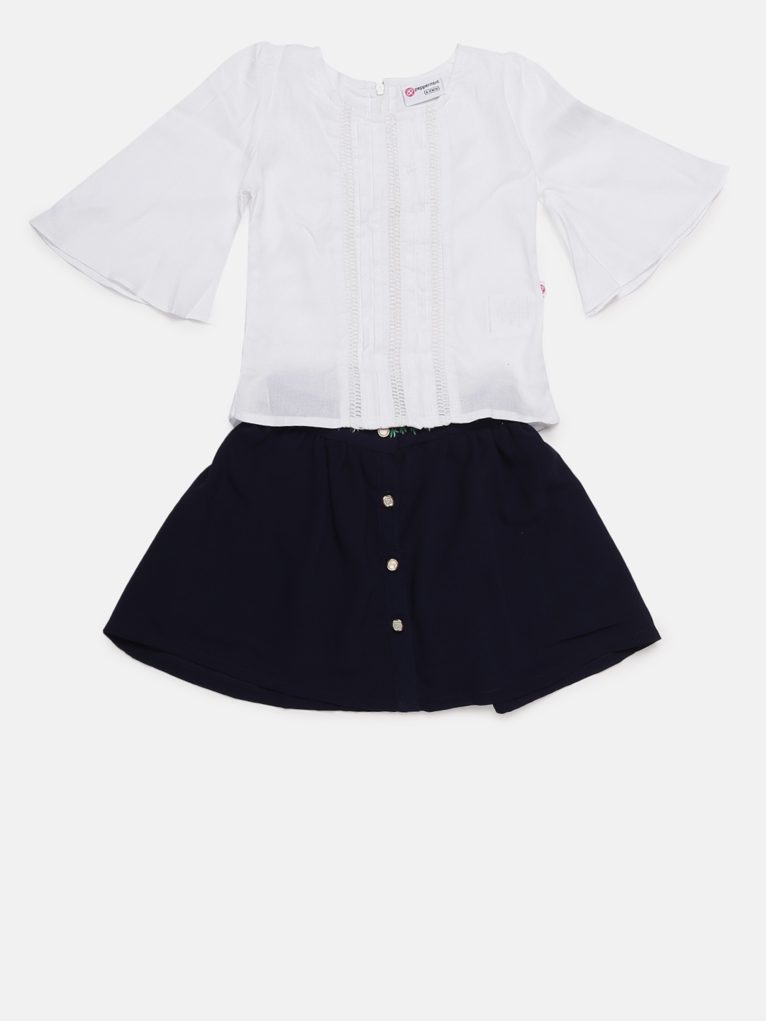 

Peppermint Girls White & Navy Blue Solid Top with Skirt