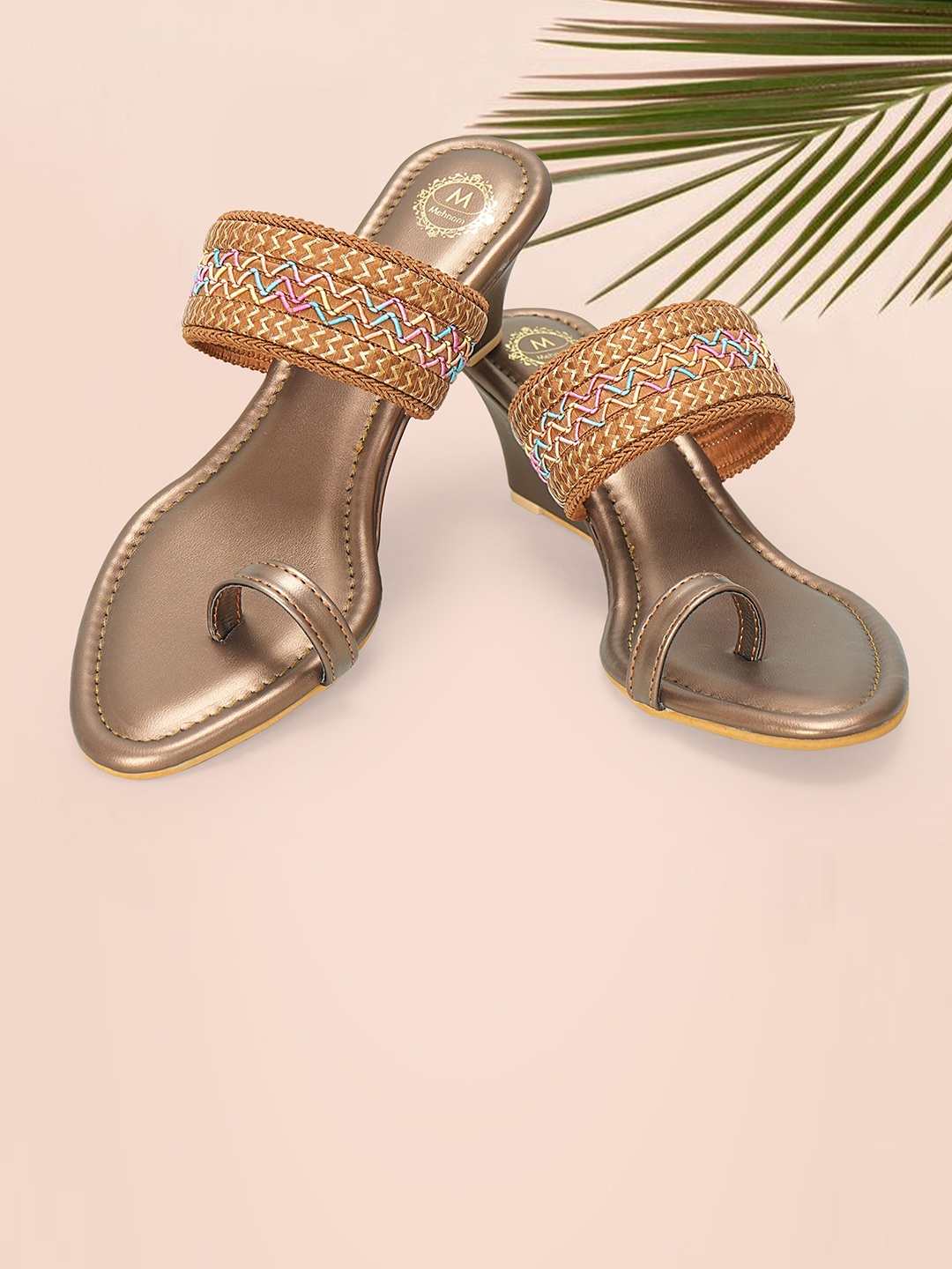 

MEHNAM Ethnic Embellished One Toe Wedges, Copper