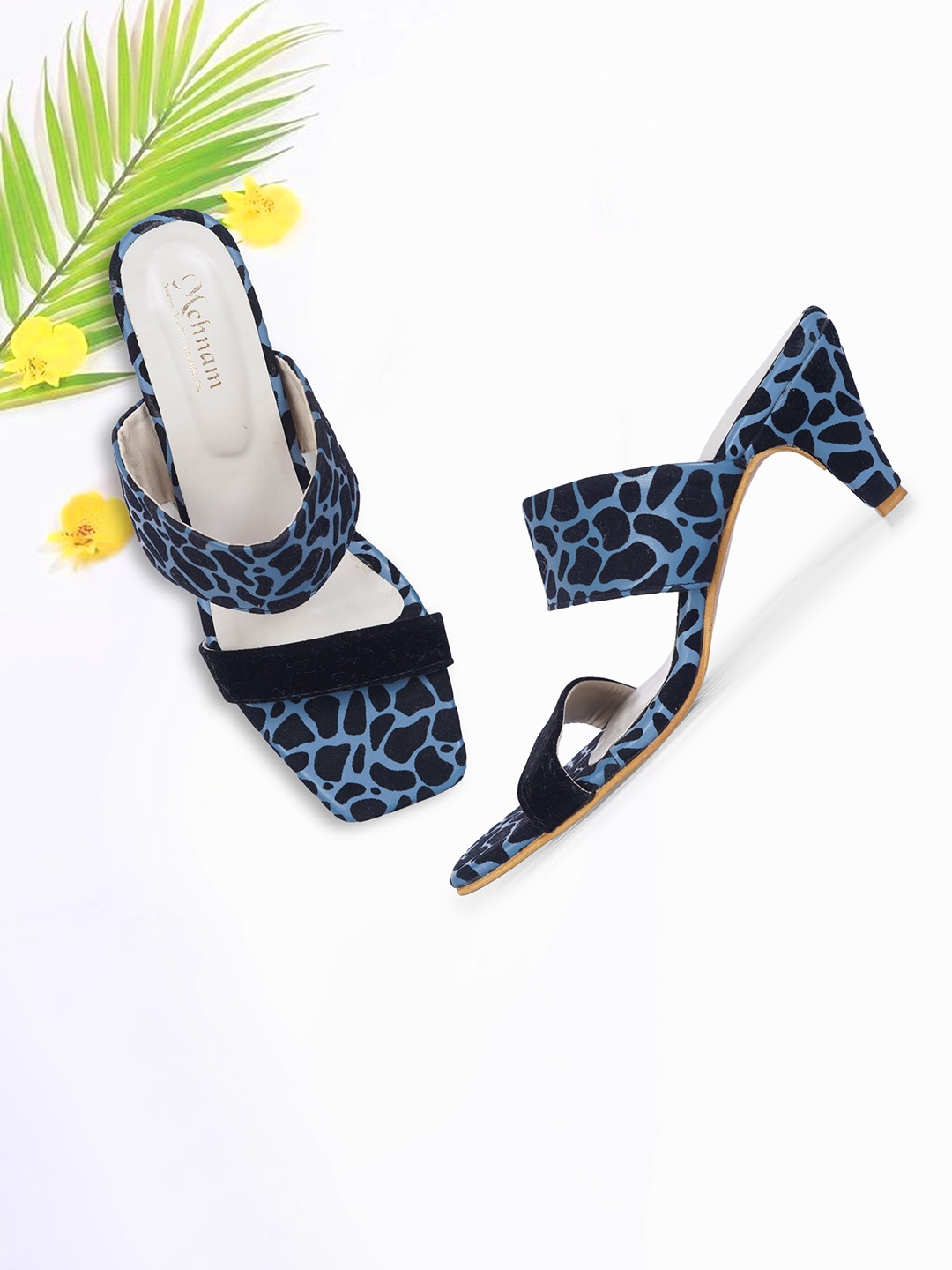 

MEHNAM Printed Two Strap Open Toe Party Slim Heels, Blue