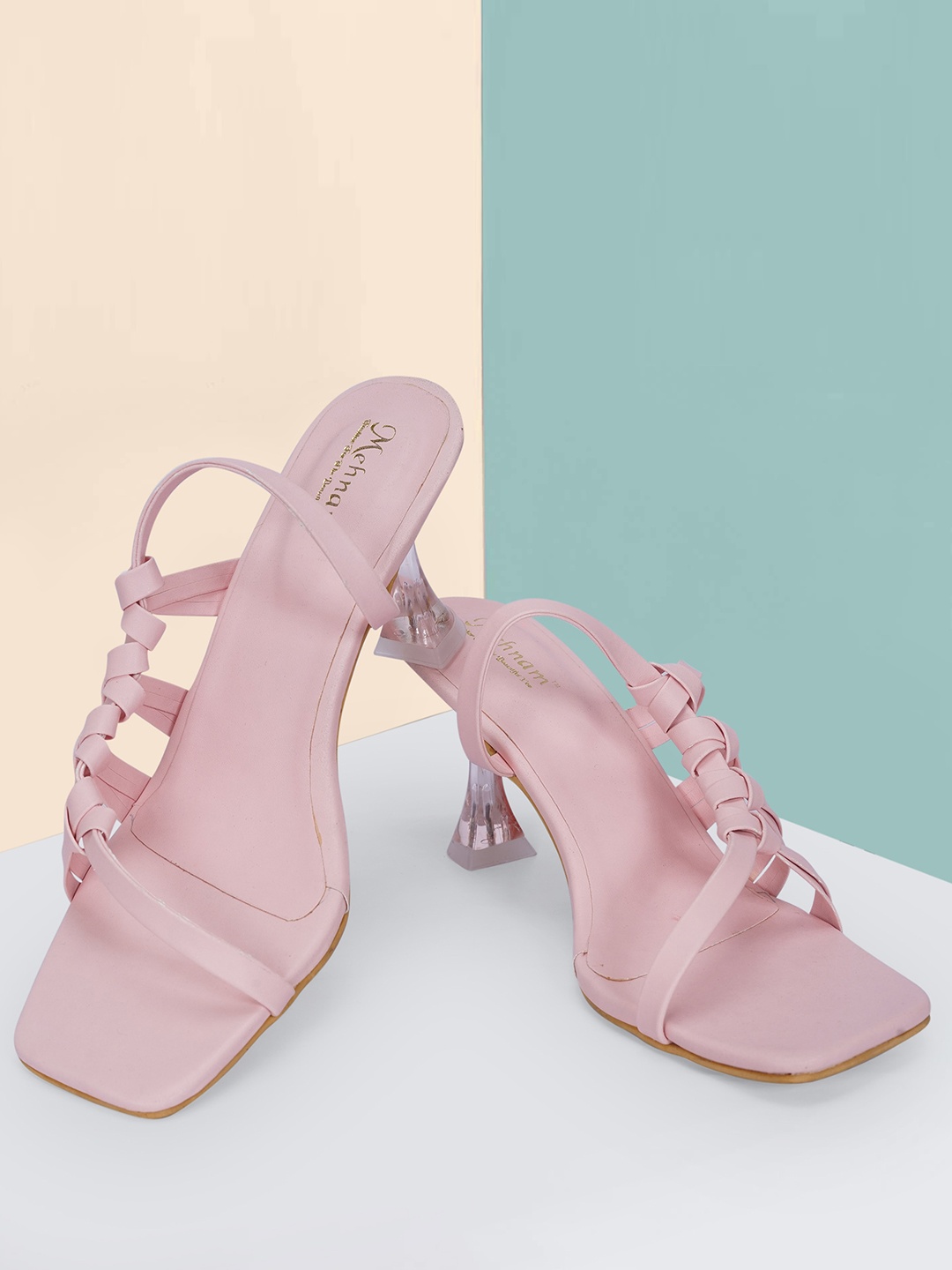 

MEHNAM Knotted Open Toe Block Heels With Backstrap, Pink