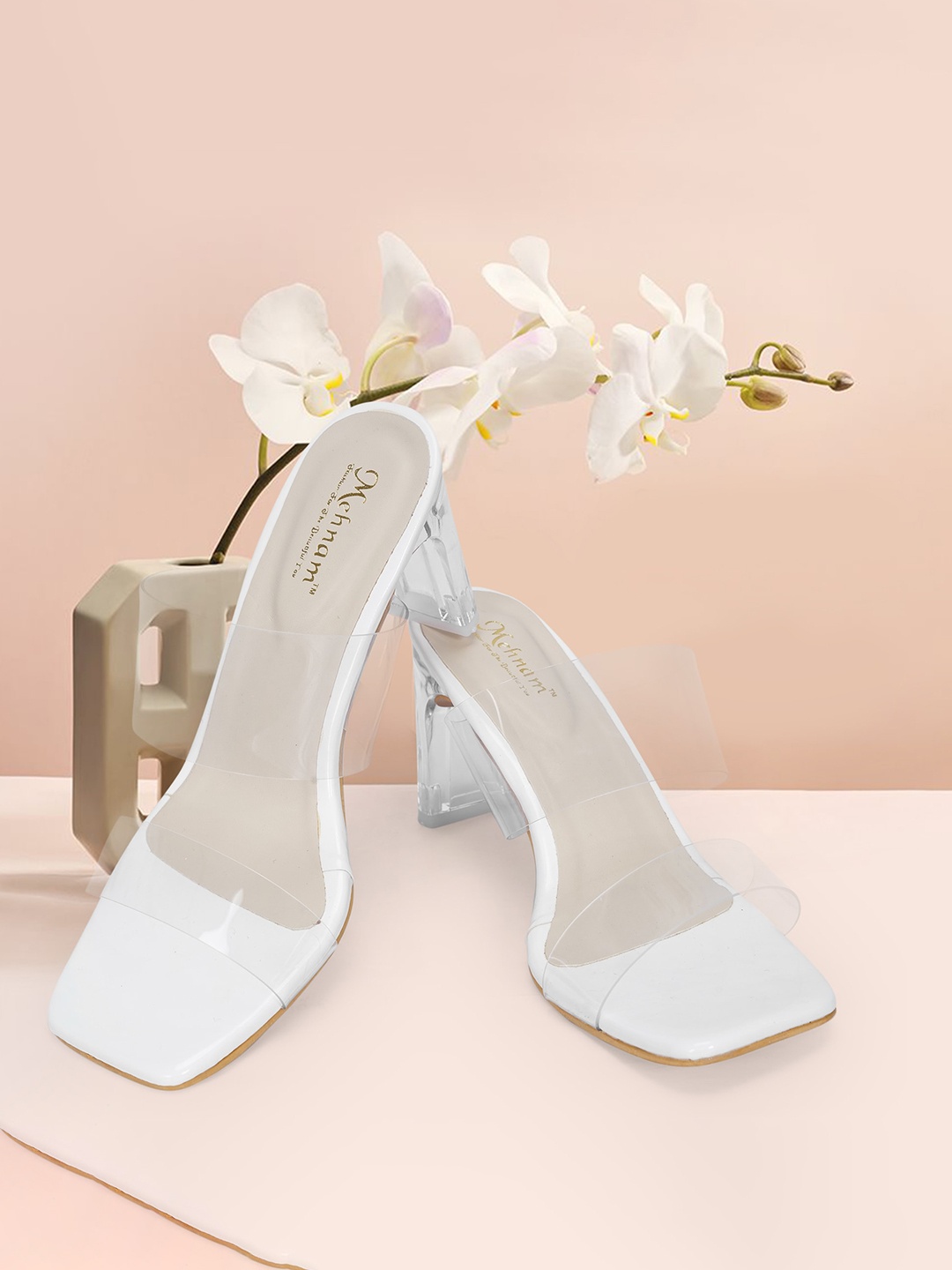 

MEHNAM Two Strap Open Toe Slim Heels, White