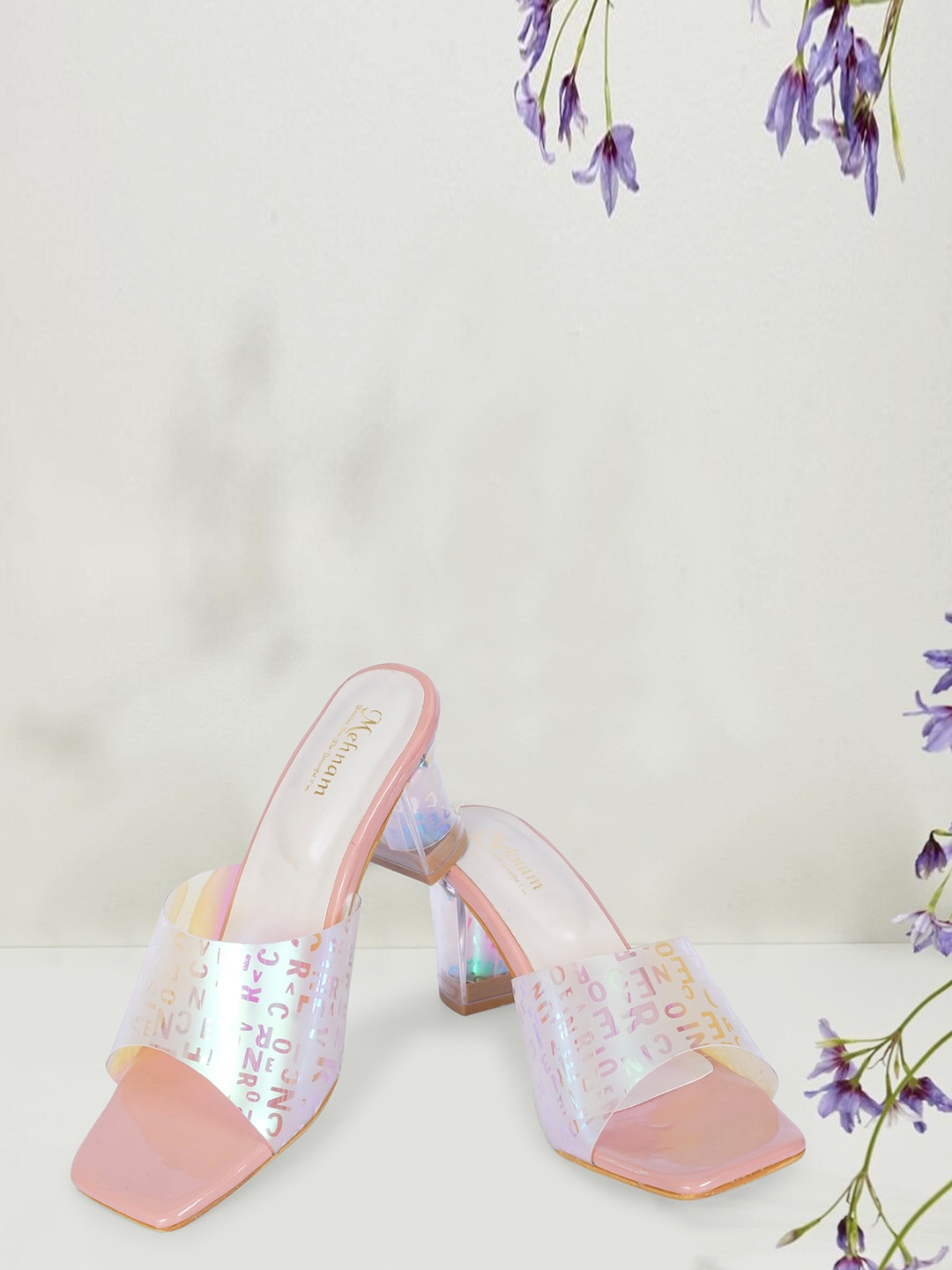 

MEHNAM Printed Open Toe Block Heels, Peach