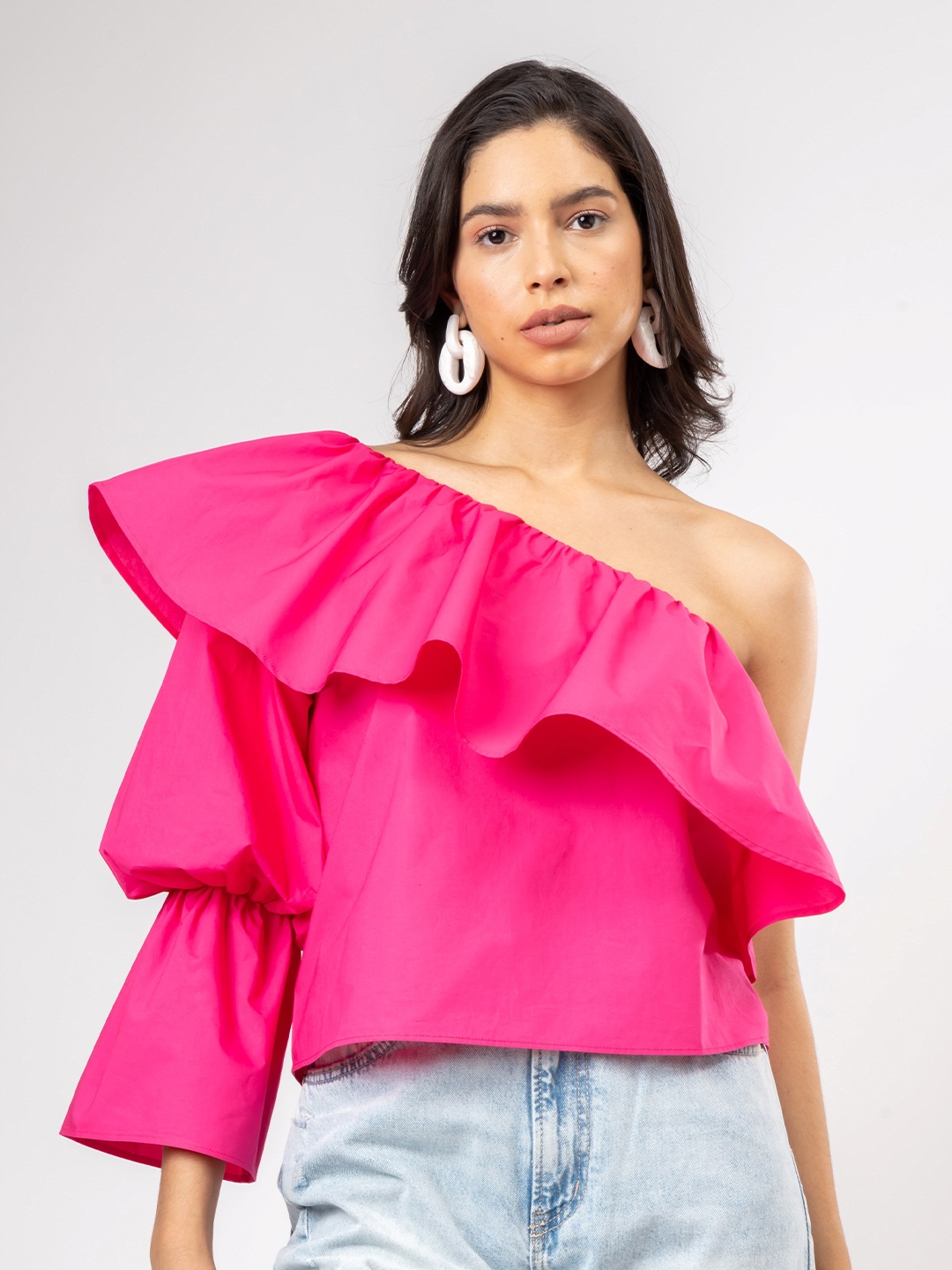 

H&M One Shoulder Frill Top, Fuchsia