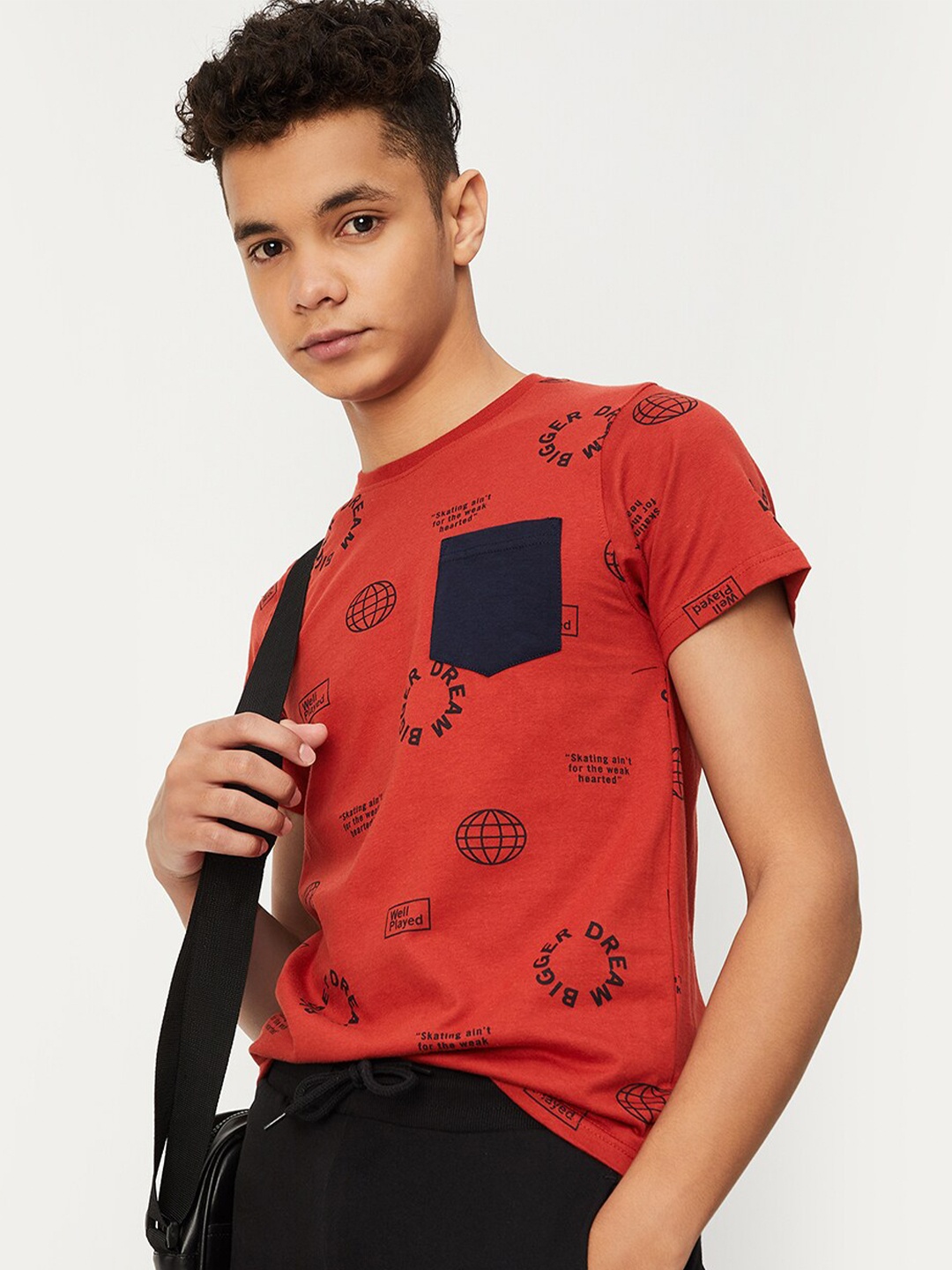 

max Boys Typography Printed Pockets T-shirt, Red