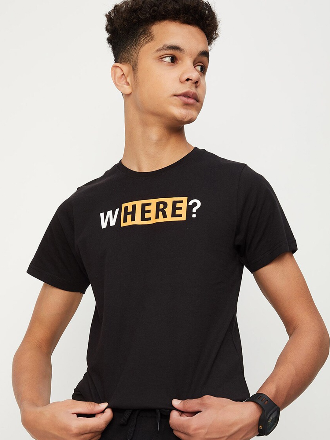max Boys Typography Printed Pure Cotton T-shirt, Black