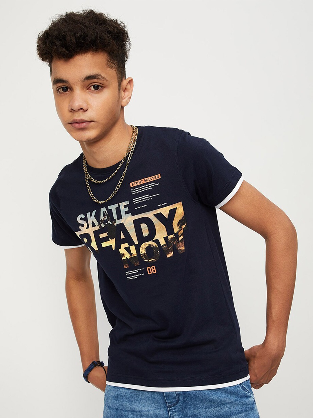 

max Boys Typography Printed Pure Cotton T-Shirt, Navy blue