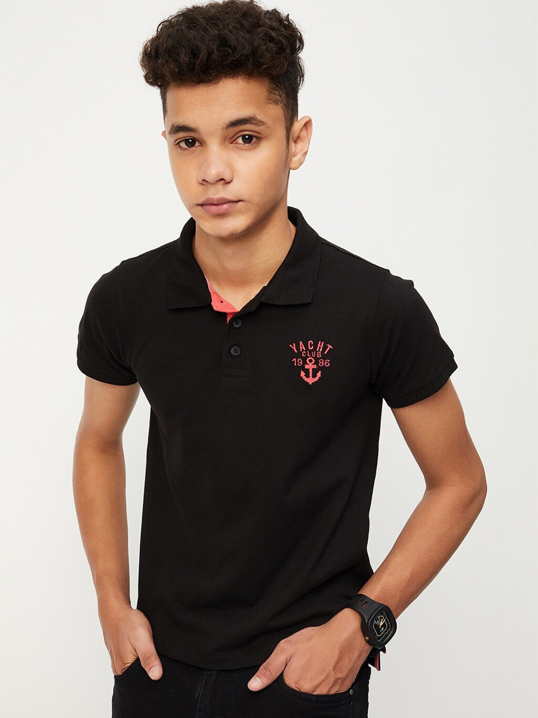 

max Boys Cotton Polo Collar T-shirt, Black