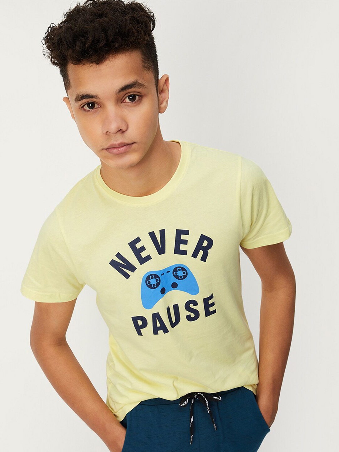 max Boys Typography Printed Pure Cotton T-shirt, Yellow