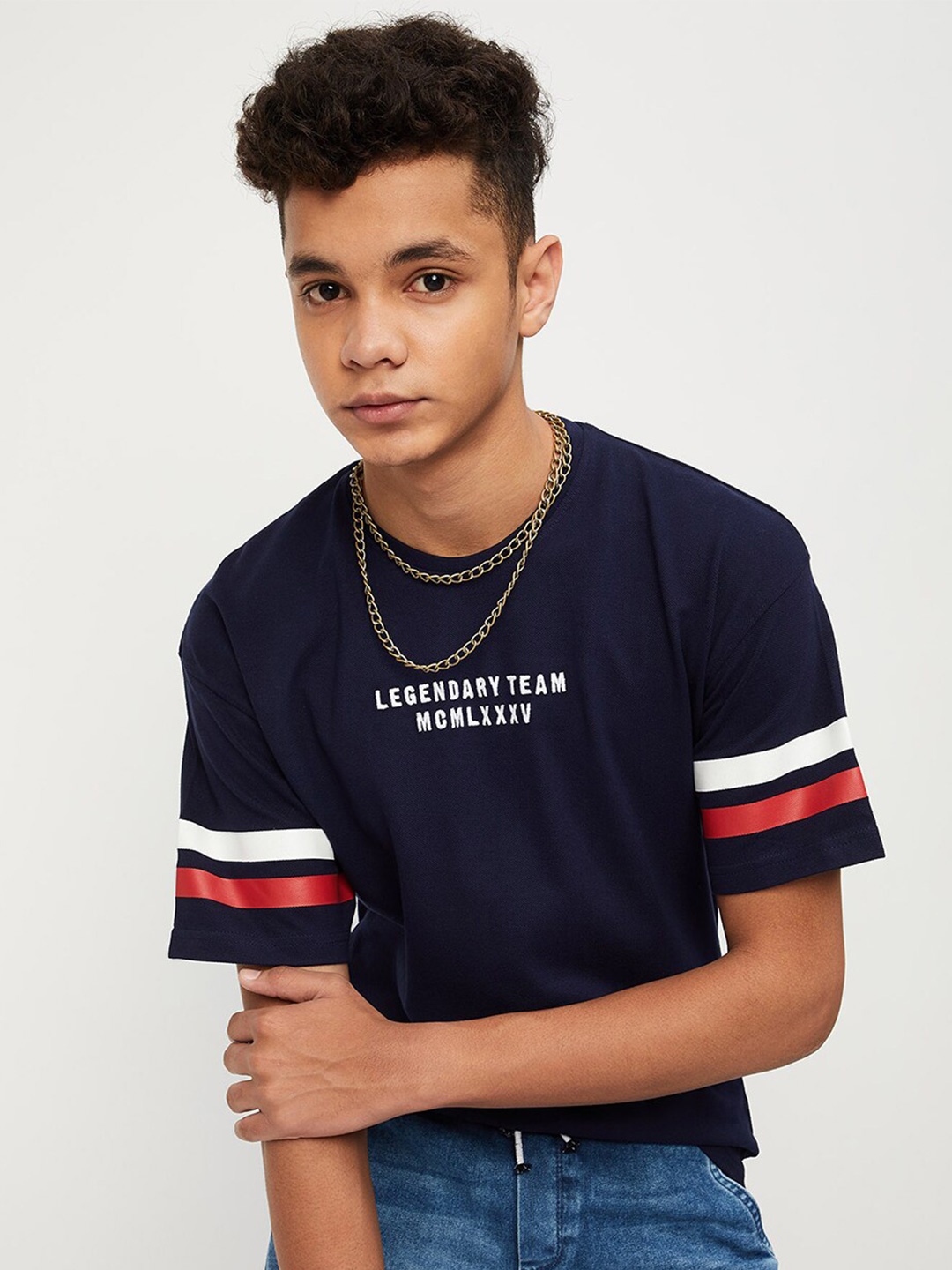 

max Boys Typography Printed Pure Cotton T-shirt, Blue