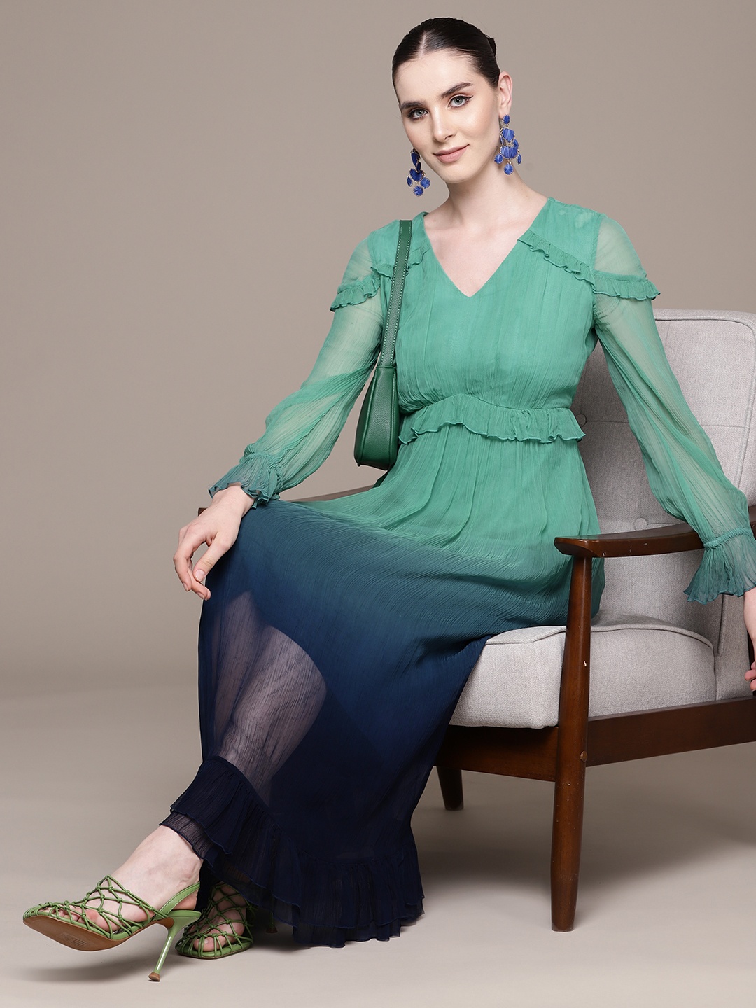 

Label Ritu Kumar Ombre Dyed Bishop Sleeve Chiffon A-Line Midi Dress, Teal