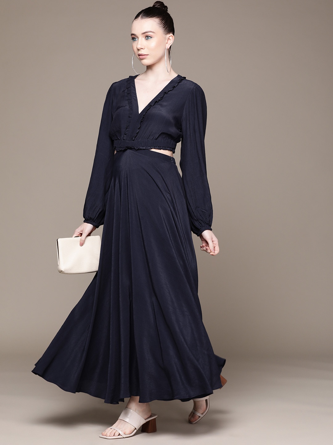 

Label Ritu Kumar Bishop Sleeves Cut Out Crepe Maxi Dress, Navy blue