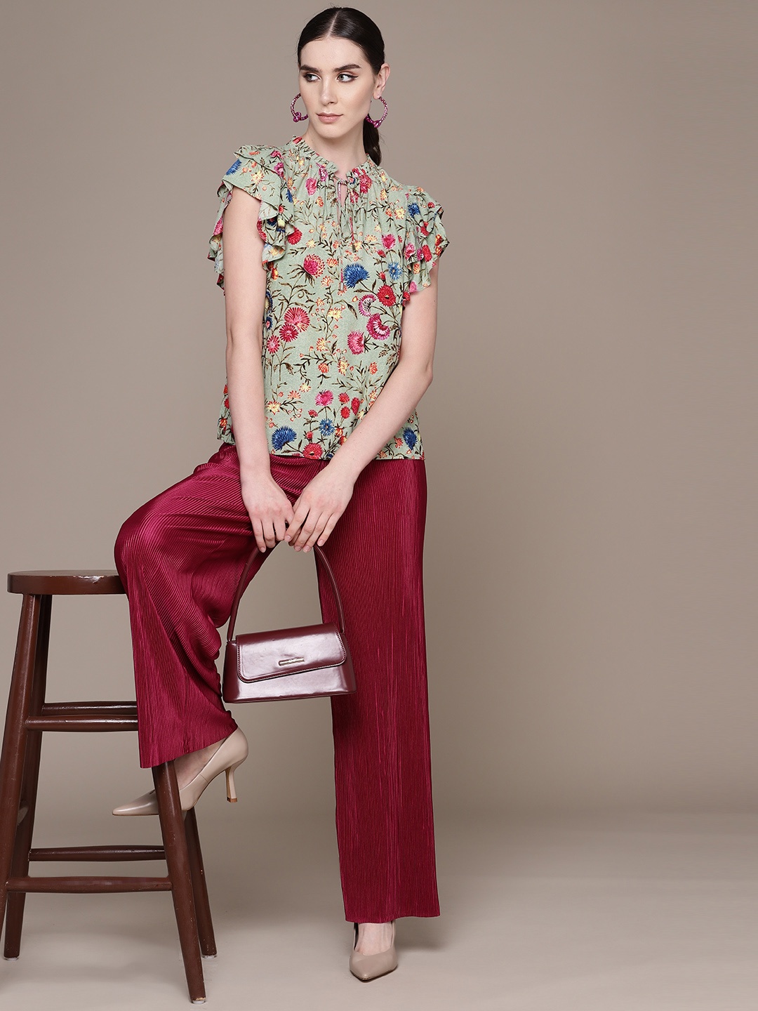 

Label Ritu Kumar Floral Print Tie-Up Neck Flutter Sleeve Crepe Top, Green