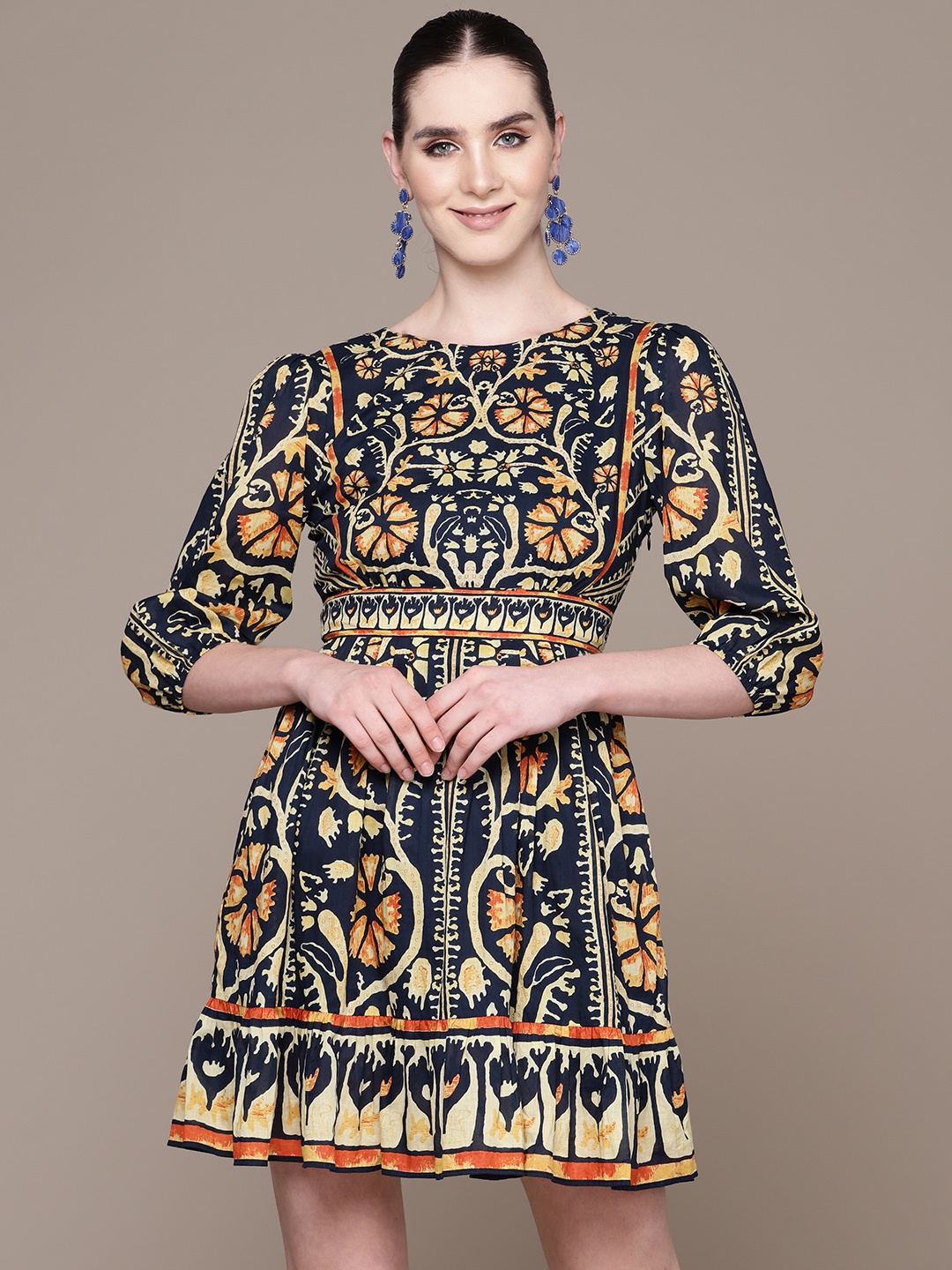 

Label Ritu Kumar Ethnic Motifs Print Puff Sleeve A-Line Dress, Navy blue