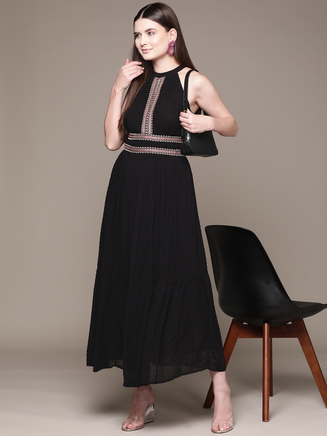

Label Ritu Kumar Embroidered Halter Neck Georgette Fit & Flare Maxi Dress, Black