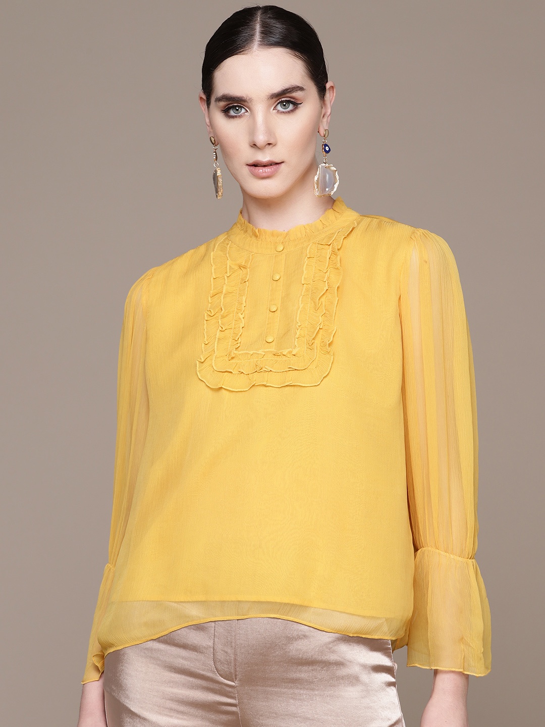 

Label Ritu Kumar Bell Sleeve Ruffles Chiffon Top, Yellow