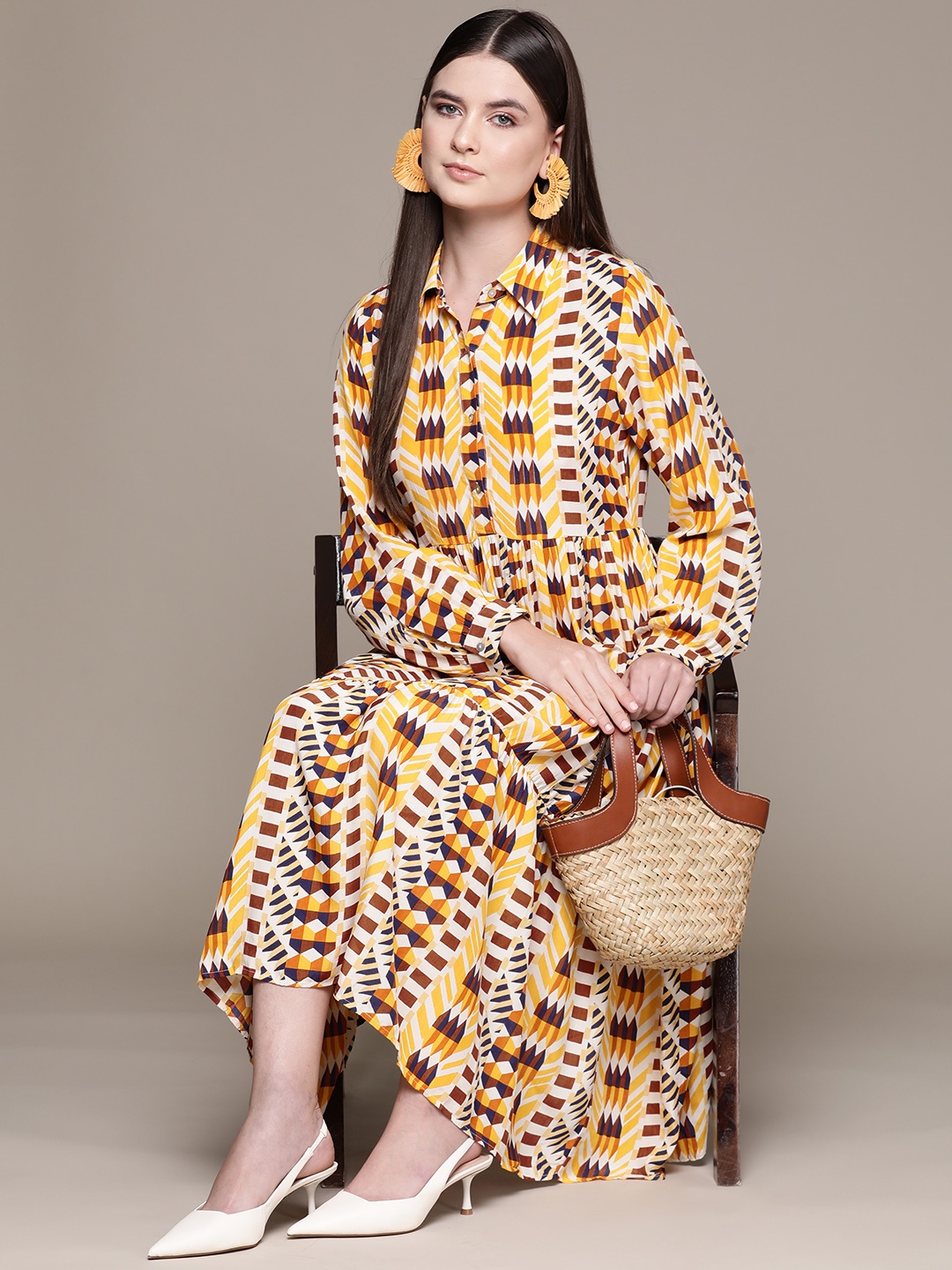 

Label Ritu Kumar Geometric Print Bishop Sleeves Crepe Shirt Midi Dress, Yellow