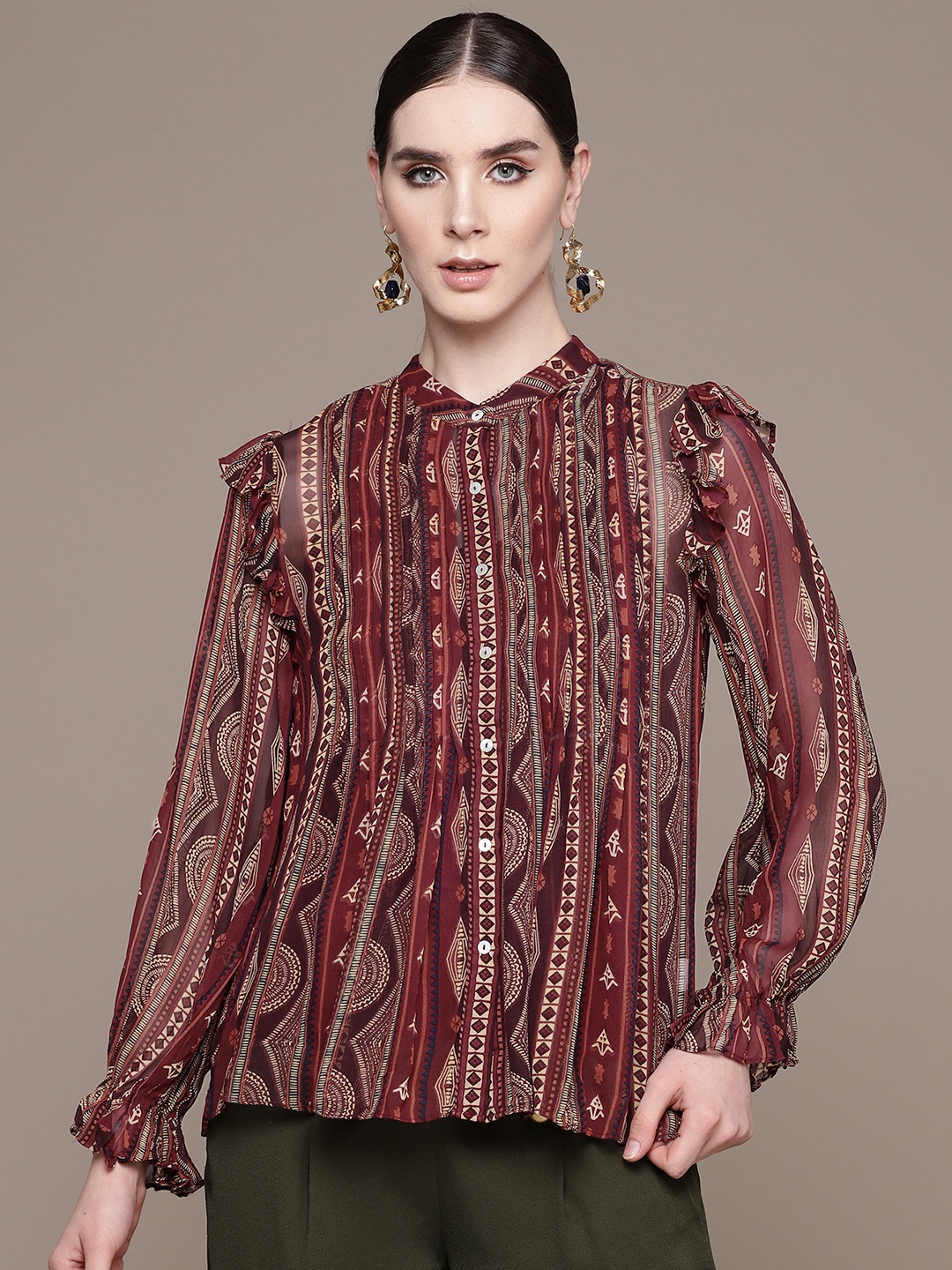 

Label Ritu Kumar Women Relaxed Semi Sheer Printed Casual Shirt & Camisole, Brown