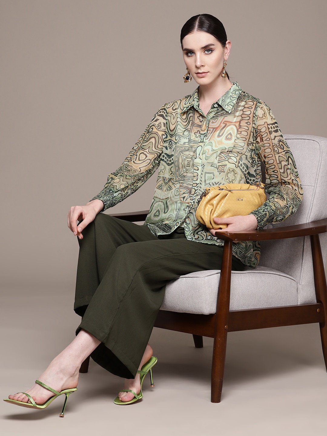 

Label Ritu Kumar Women Relaxed Semi Sheer Printed Casual Shirt & Camisole, Green