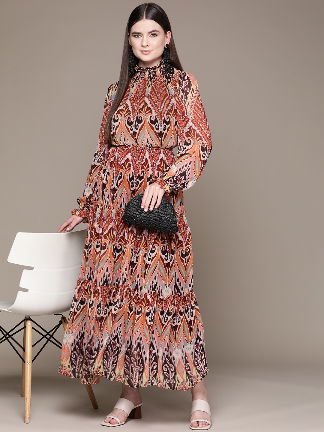 

Label Ritu Kumar Ethnic Motifs Print High Neck Bishop Sleeves Georgette Maxi Dress, Brown