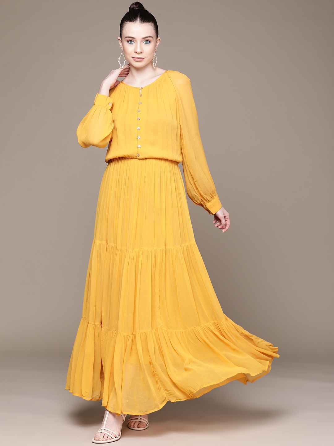 

Label Ritu Kumar Georgette Tiered Maxi Dress, Yellow