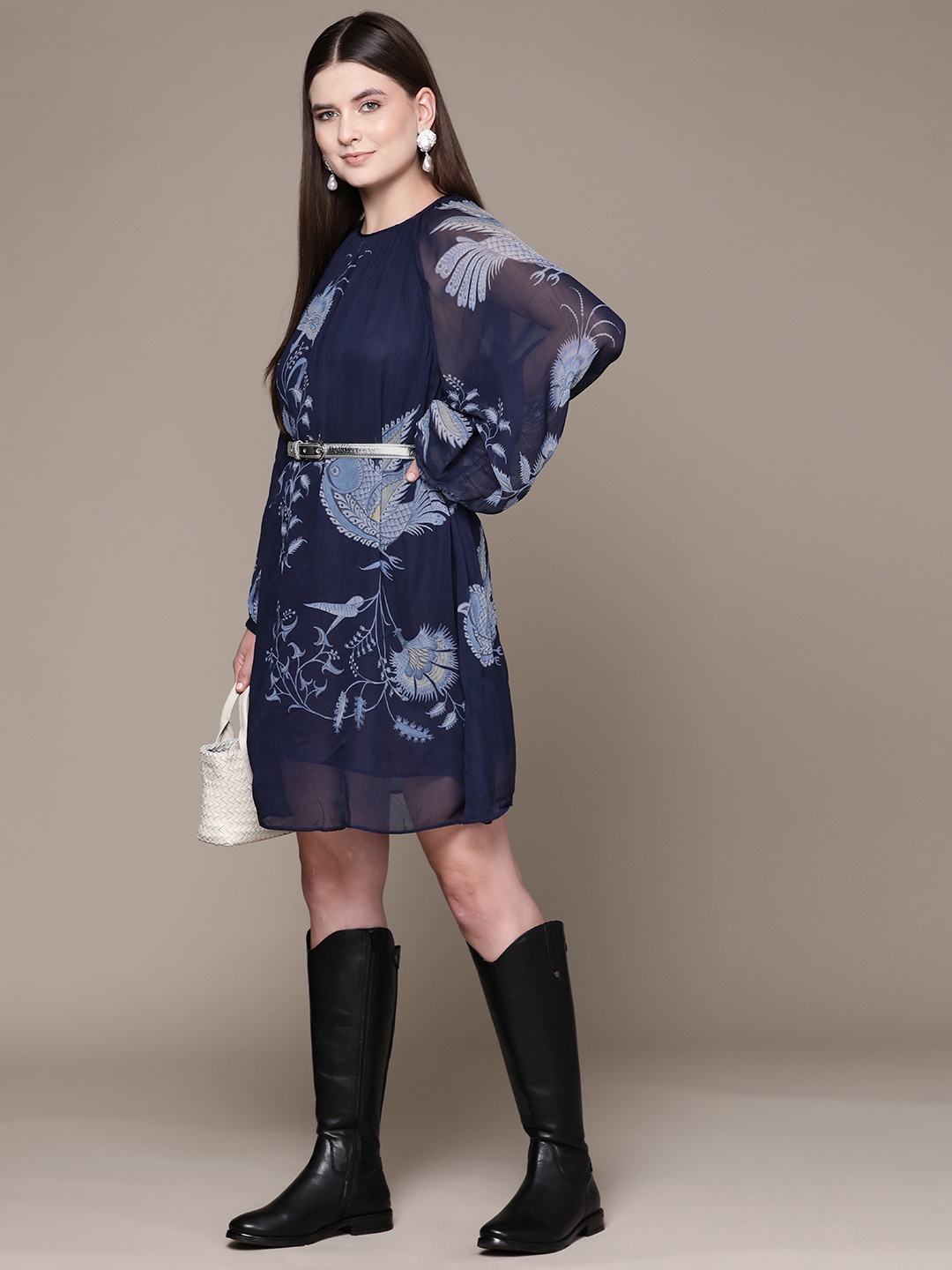 

Label Ritu Kumar Floral Print Bishop Sleeves Georgette A-Line Dress, Navy blue