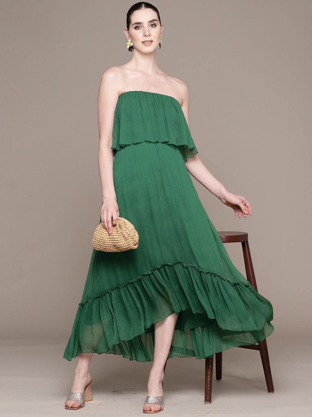 

Label Ritu Kumar Layered Tiered Chiffon A-Line Midi Dress, Green