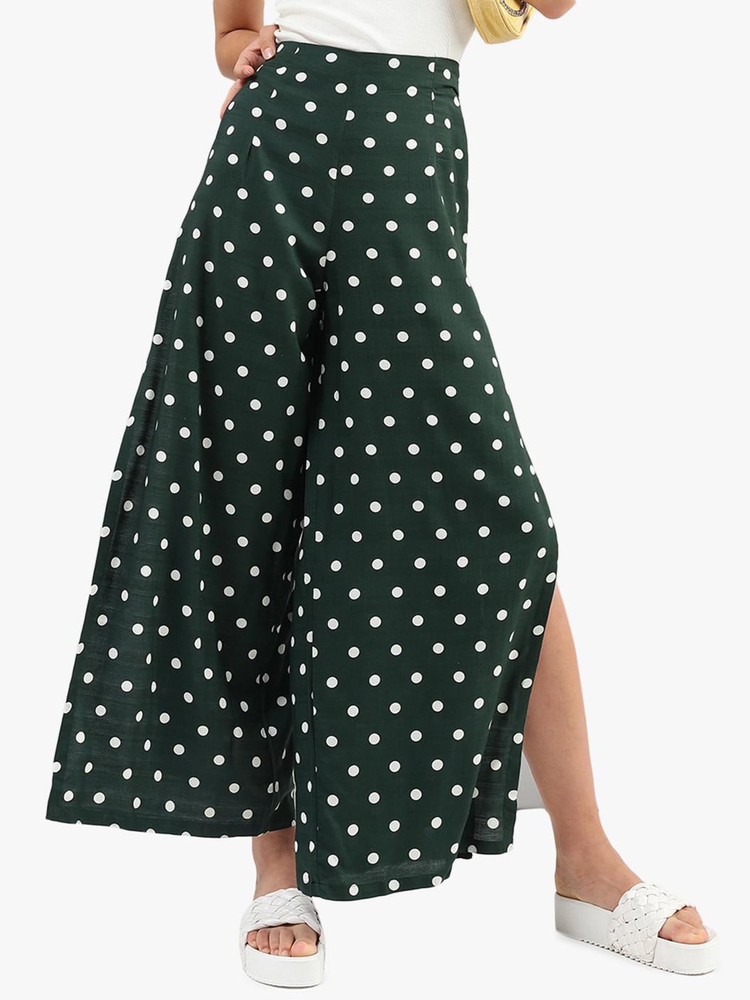 

Virgio Women Polka Dot Printed Side Slit Parallel Trousers, Green