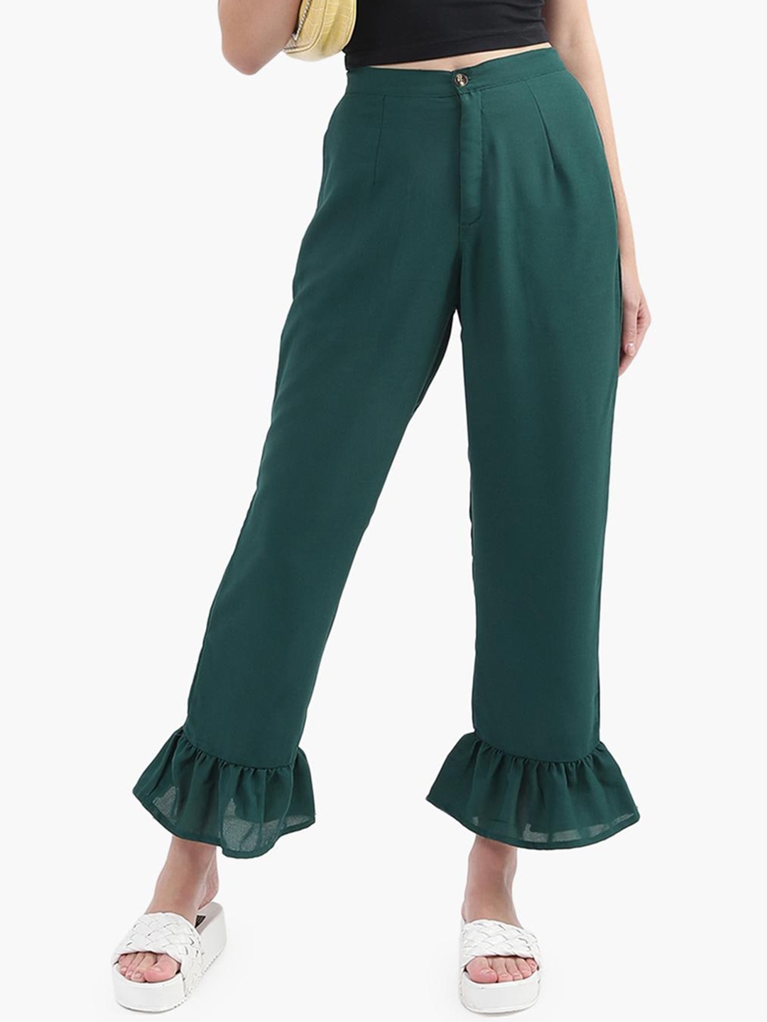

Virgio Women Ruffled Hem Pleated Trousers, Green
