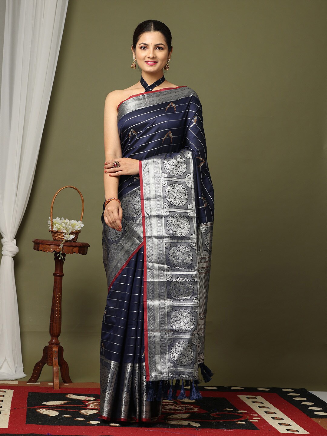 

VASTRANAND Striped Woven Design Zari Silk Blend Banarasi Saree, Navy blue