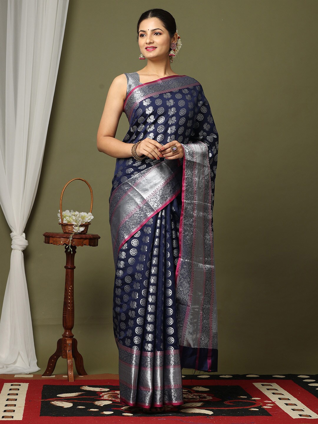

VASTRANAND Ethnic Motifs Woven Design Zari Silk Blend Banarasi Saree, Blue